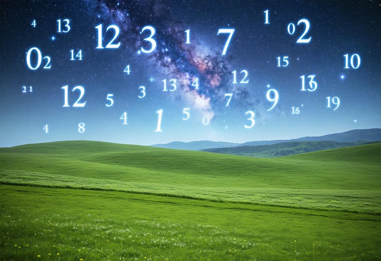 This stunning image showcases a serene landscape of rolling green hills under a starry night sky, overlaid with a whimsical array of numbers in various sizes and styles, creating a dreamlike and surreal effect. The 'Stable Diffusion Ultra image generator' tool allows users to craft such imaginative and visually striking compositions, perfect for those looking to explore the realms of digital art and media creation.