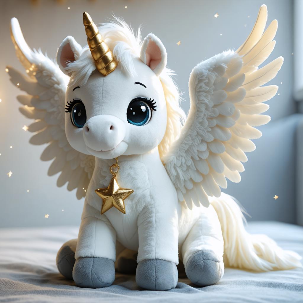 Discover the enchanting world of digital artistry with Stable Diffusion Ultra image generator! This captivating image showcases a whimsical unicorn plush toy with shimmering golden wings and a star pendant, demonstrating the tool's ability to create stunningly detailed and imaginative visuals. Perfect for fantasy enthusiasts and digital artists alike, Stable Diffusion Ultra brings your creative visions to life with unparalleled precision and elegance.