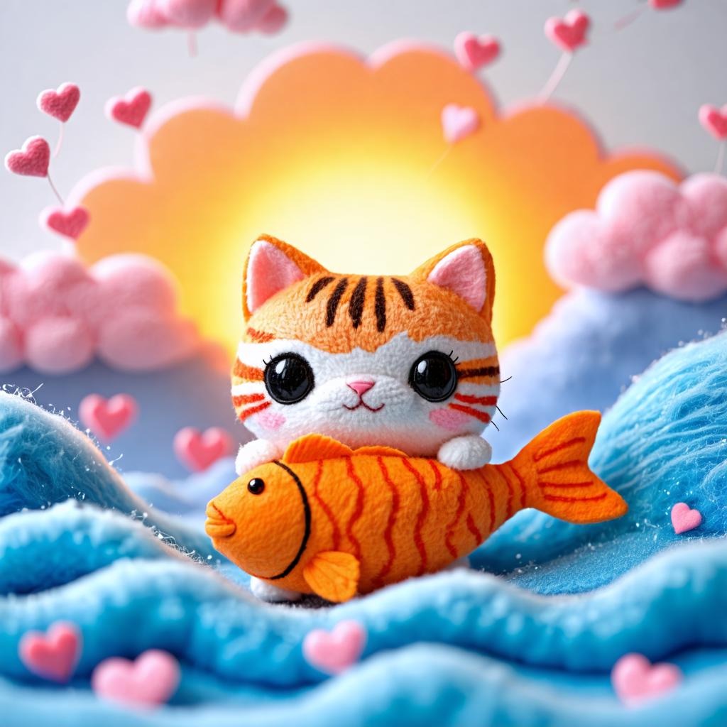 Questa immagine presenta una scena fantastica con un adorabile gatto di peluche seduto su un vivace pesce a strisce arancione e bianche, entrambi su uno sfondo di soffici nuvole blu e un cielo arancione luminoso. L'intera composizione è pervasa da un'atmosfera incantata, con cuori rosa che fluttuano intorno, evocando un senso di calore e gioia. Il 'Generatore di immagini Stable Diffusion Ultra' ha creato abilmente questo delizioso quadro, dimostrando le sue capacità nel produrre contenuti visivamente accattivanti e immaginifici.