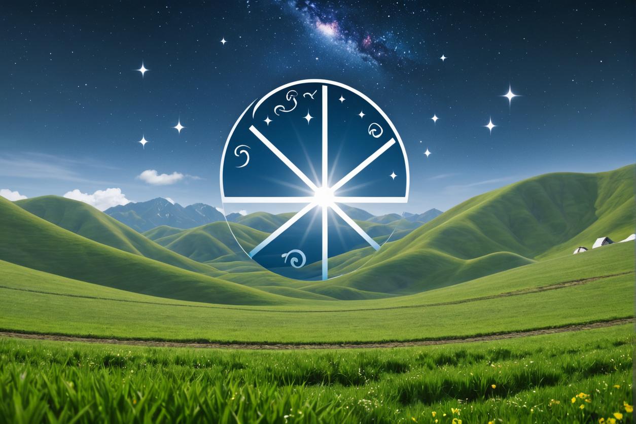 This breathtaking image, created using Stable Assistant's 'New Image with Same Style' tool, showcases a serene landscape with rolling green hills under a starry night sky, complete with a celestial wheel that hints at the tool's ability to generate unique and visually stunning content.