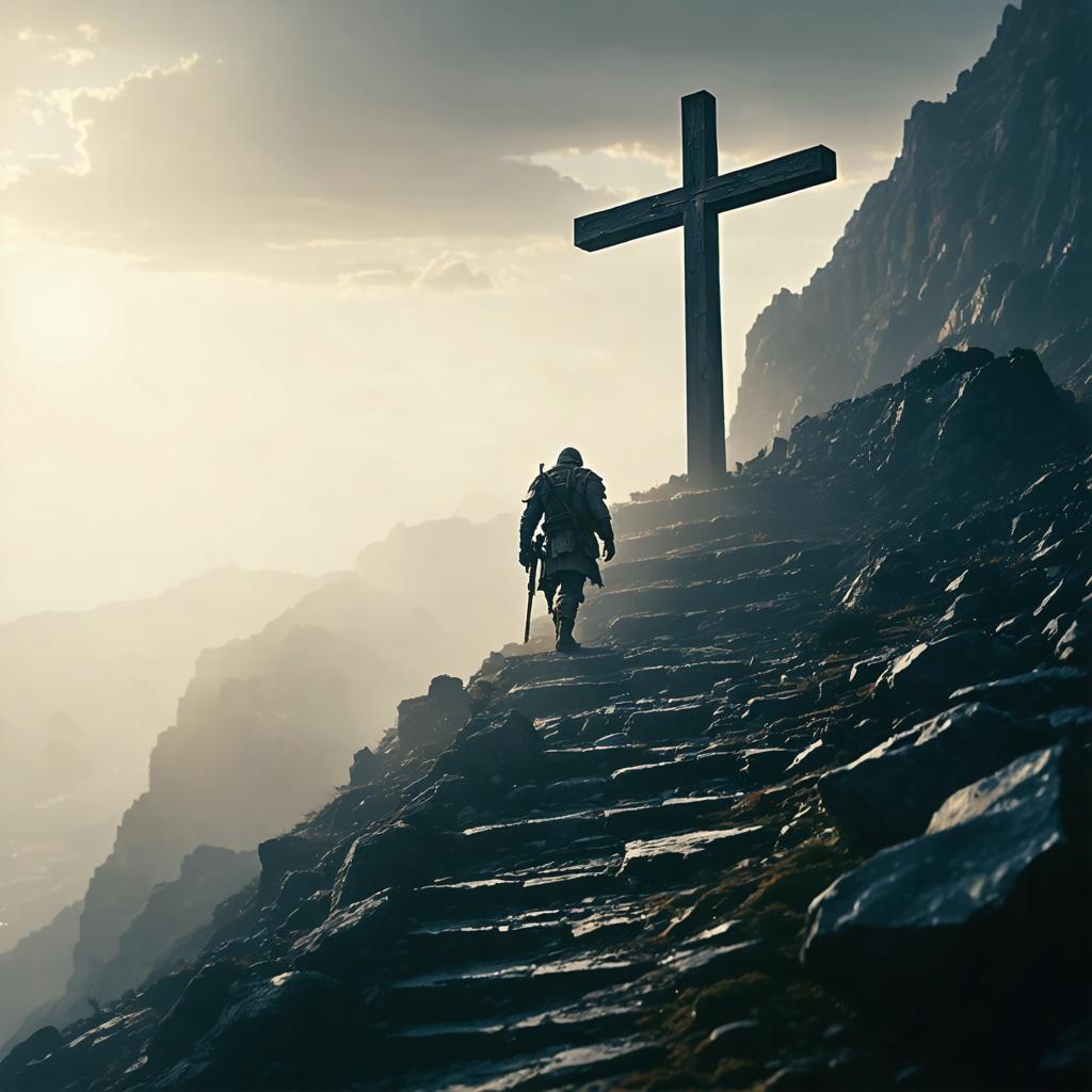 Discover the breathtaking capabilities of Stable Diffusion Ultra image generator with this stunning AI-generated image. A lone figure ascends a rugged mountain path towards a towering cross, bathed in the ethereal glow of a setting sun. This powerful tool brings vivid, high-quality visuals to life, perfect for evoking emotion and imagination in your digital content.