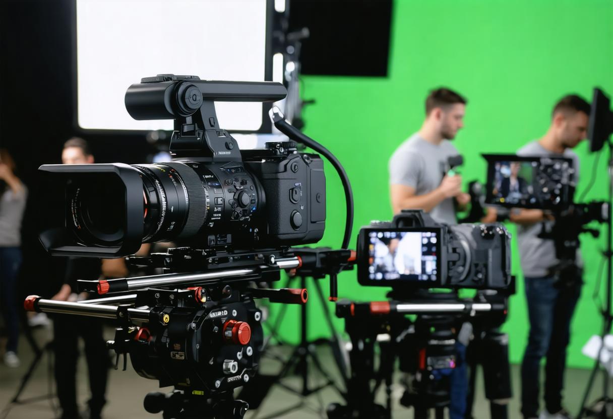 Découvrez les capacités de pointe de l'outil de génération d'images Stable Diffusion Ultra avec cette image détaillée et professionnelle d'un plateau de tournage cinématographique. Dotée d'équipements cinématographiques de haute qualité et d'un fond vert vibrant, cette image met en valeur la capacité de l'outil à créer des visuels réalistes et immersifs, idéaux pour mettre en avant ses fonctionnalités avancées et son potentiel dans le domaine de la production médiatique.