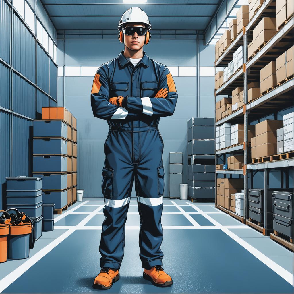 In the image, a confident worker in safety gear stands amidst a warehouse setting, surrounded by neatly stacked crates and storage containers. The scene, rendered in vibrant, high-definition colors, showcases the capabilities of the 'Stable Diffusion Ultra image generator', which is known for its ability to create realistic and engaging visuals from user prompts.