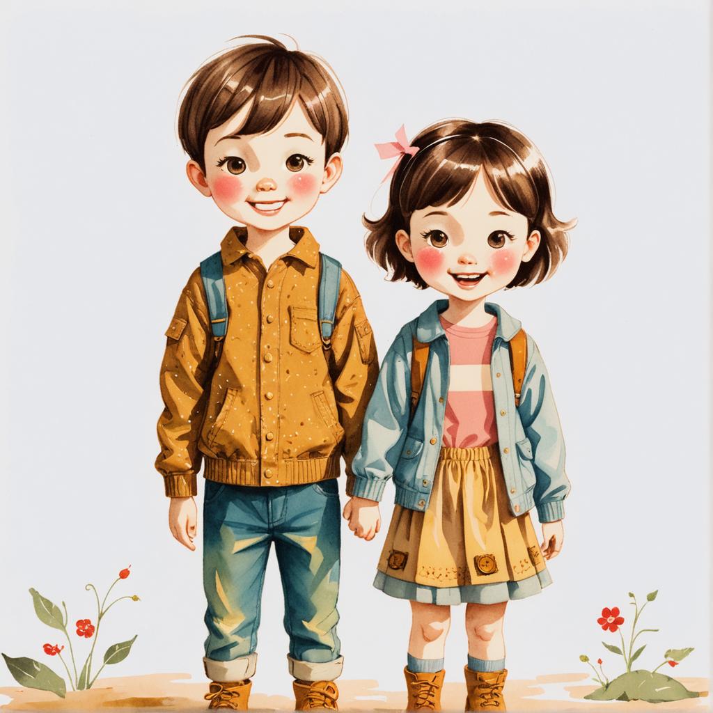 Cette image présente une illustration charmante d'un garçon et d'une fille, tous deux rayonnant de joie et d'innocence, vêtus de tenues automnales colorées. L'outil 'Nouvelle Image avec le Même Style' a été utilisé pour créer une scène harmonieuse et visuellement attrayante, mettant en évidence la capacité de l'outil à générer des images avec des styles artistiques cohérents.