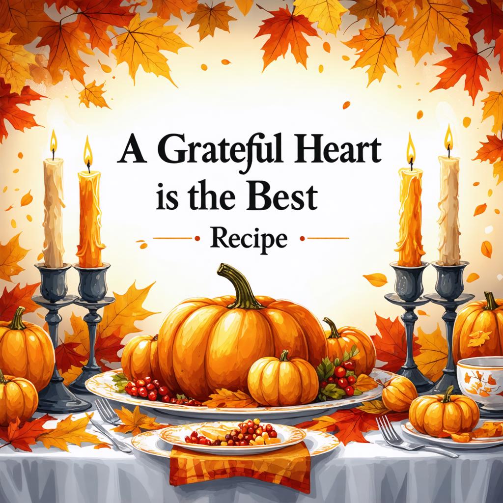 The image showcases a warm, autumnal scene with a large pumpkin at the center, surrounded by smaller pumpkins, autumn leaves, and a Thanksgiving meal setup. The words "A Grateful Heart is the Best Recipe" are prominently displayed, suggesting a theme of gratitude and the season of Thanksgiving. This image, generated using the 'Stable Diffusion Ultra image generator', demonstrates the tool's ability to create vivid, themed images with a high level of detail and color accuracy, making it an ideal choice for those seeking to add a touch of seasonal charm to their digital content.