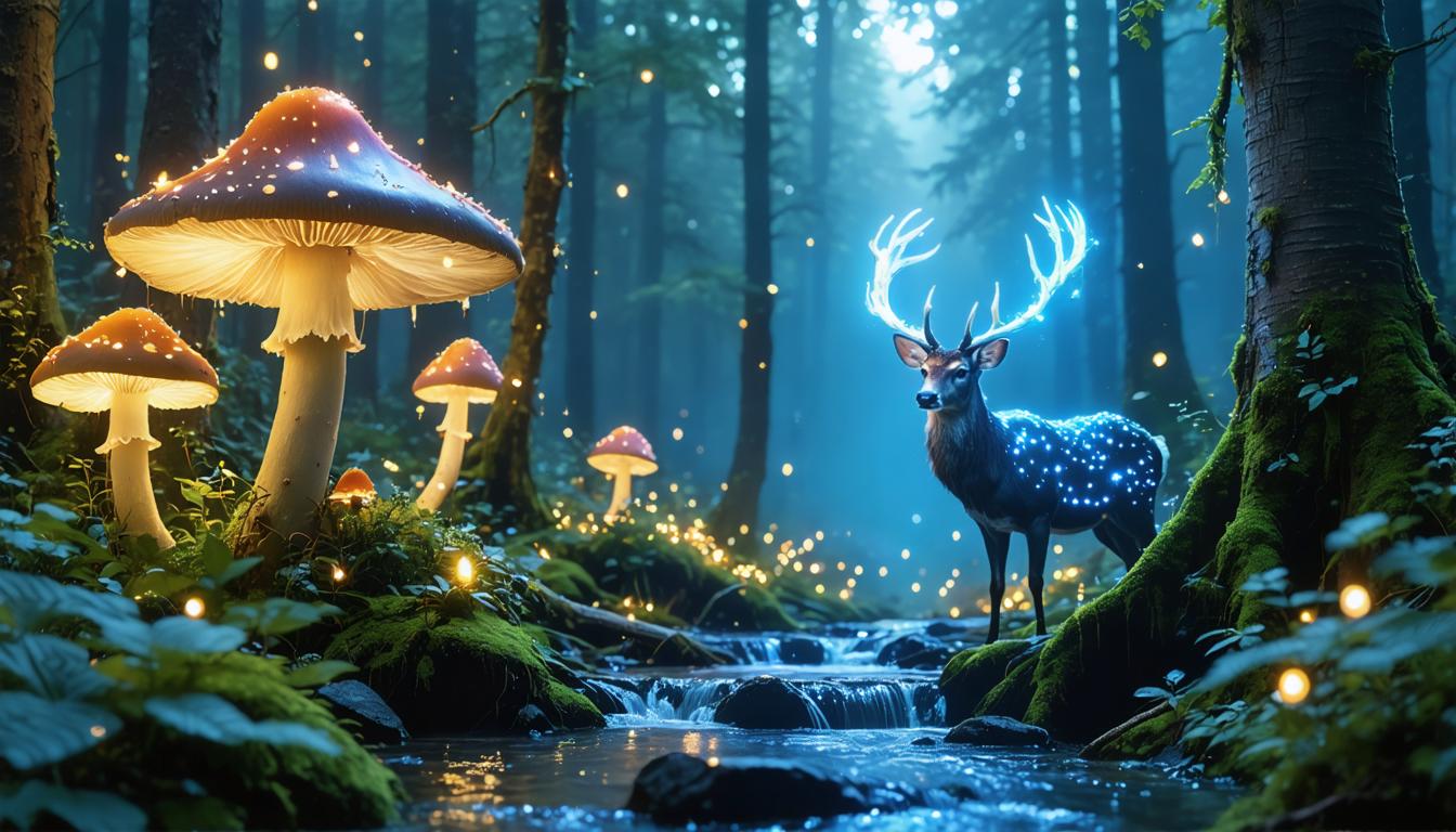 This enchanting image showcases a whimsical forest scene where a glowing deer stands amidst bioluminescent mushrooms and ethereal lights, all brought to life by the Stable Diffusion Ultra image generator. The tool's advanced capabilities create a surreal atmosphere, highlighting the generator's prowess in crafting dreamlike, fantasy-inspired visuals.