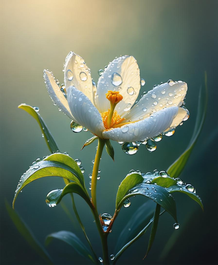 L'image met en scène une délicate fleur blanche ornée de gouttelettes d'eau scintillantes, capturée sur un arrière-plan flou qui souligne la fraîcheur de la scène. Les capacités du générateur d'images Stable Diffusion Ultra sont mises en évidence par les détails fins et la représentation réaliste de la réfraction des gouttelettes d'eau, démontrant l'efficacité de l'outil dans la création d'images de haute qualité, naturelles et optimisées pour la visibilité sur les moteurs de recherche.