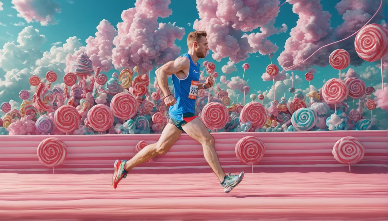 In the vibrant image, a runner strides energetically across a surreal landscape, where the background has been imaginatively transformed into a candy wonderland with towering lollipops and fluffy pink clouds, all thanks to the innovative 'Replace Background' tool, showcasing the web application's ability to create visually striking and customizable scenes.