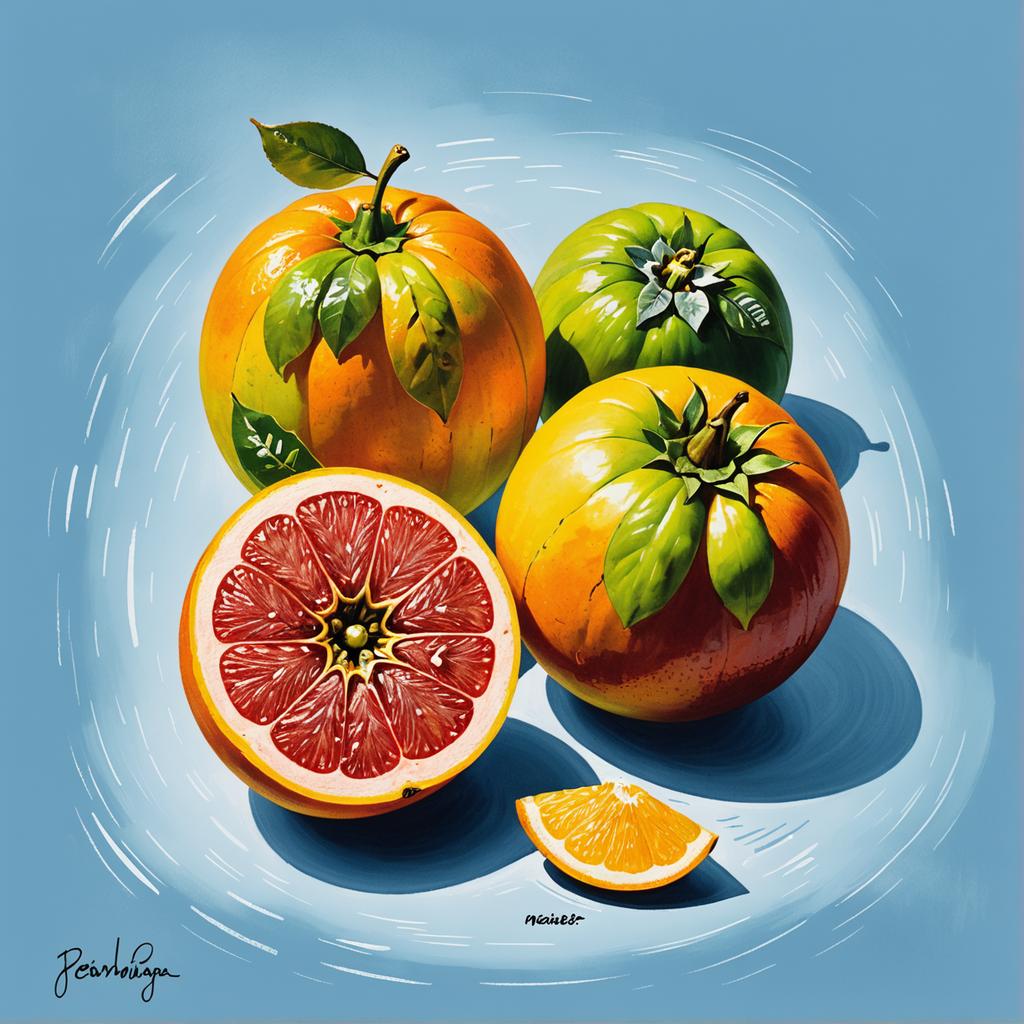 This vibrant image showcases a trio of glossy, ripe citrus fruits—two whole grapefruits and a halved orange—set against a serene blue backdrop. The fruits are artistically rendered with a realistic yet slightly stylized touch, highlighting the tool's ability to create detailed and visually appealing images. The tool, 'New Image with Same Style,' allows users to replicate this aesthetic for their own creative projects, making it a powerful asset for digital artists and designers.