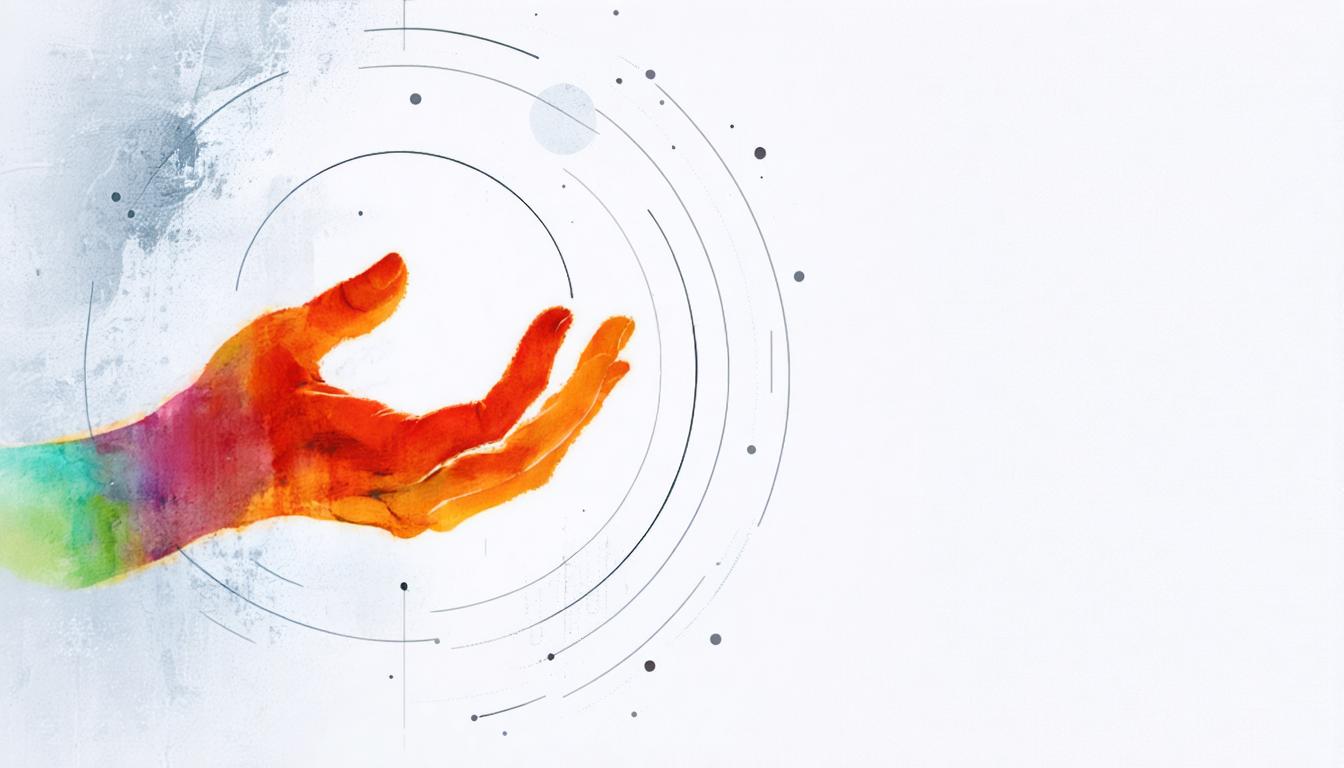 Una mano vivace, stilizzata in acquerello, si protende da uno sfondo di cerchi concentrici e punti astratti, mettendo in evidenza la funzione 'Cerca e Ricolora' di Stable Assistant. Questo strumento consente agli utenti di ricolorare oggetti in base alla loro ricerca, come dimostrato dai colori vividi e sfumati della mano che si fondono armoniosamente con lo spazio circostante bianco.