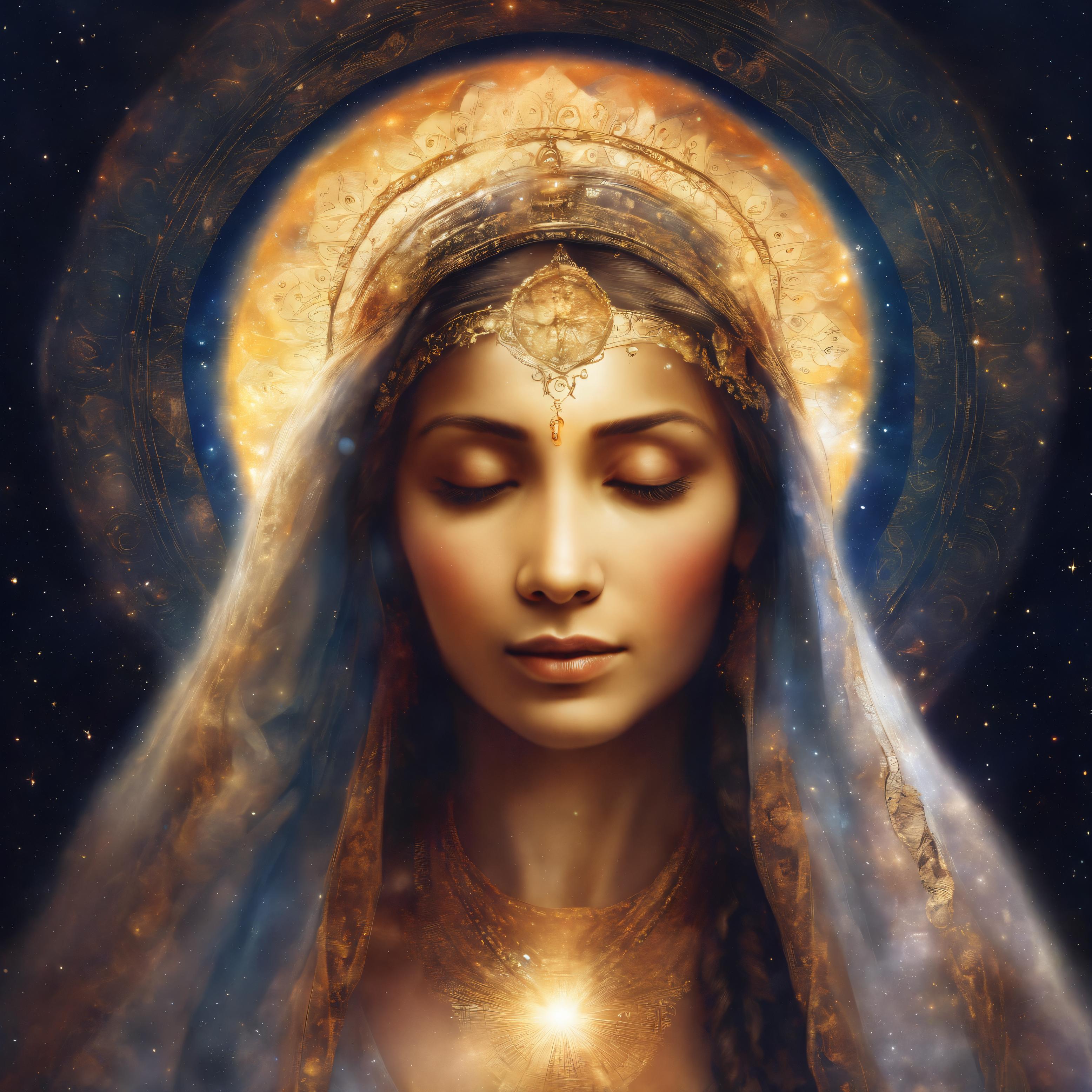 Cette image présente une œuvre d'art numérique représentant une figure féminine sereine, ornée de bijoux dorés délicats et d'un halo lumineux, incarnant la beauté éthérée et la sophistication de la fonction 'Upscale'. L'application améliore la clarté et la richesse de l'image, préservant les détails originaux tout en sublimant l'expérience visuelle globale.