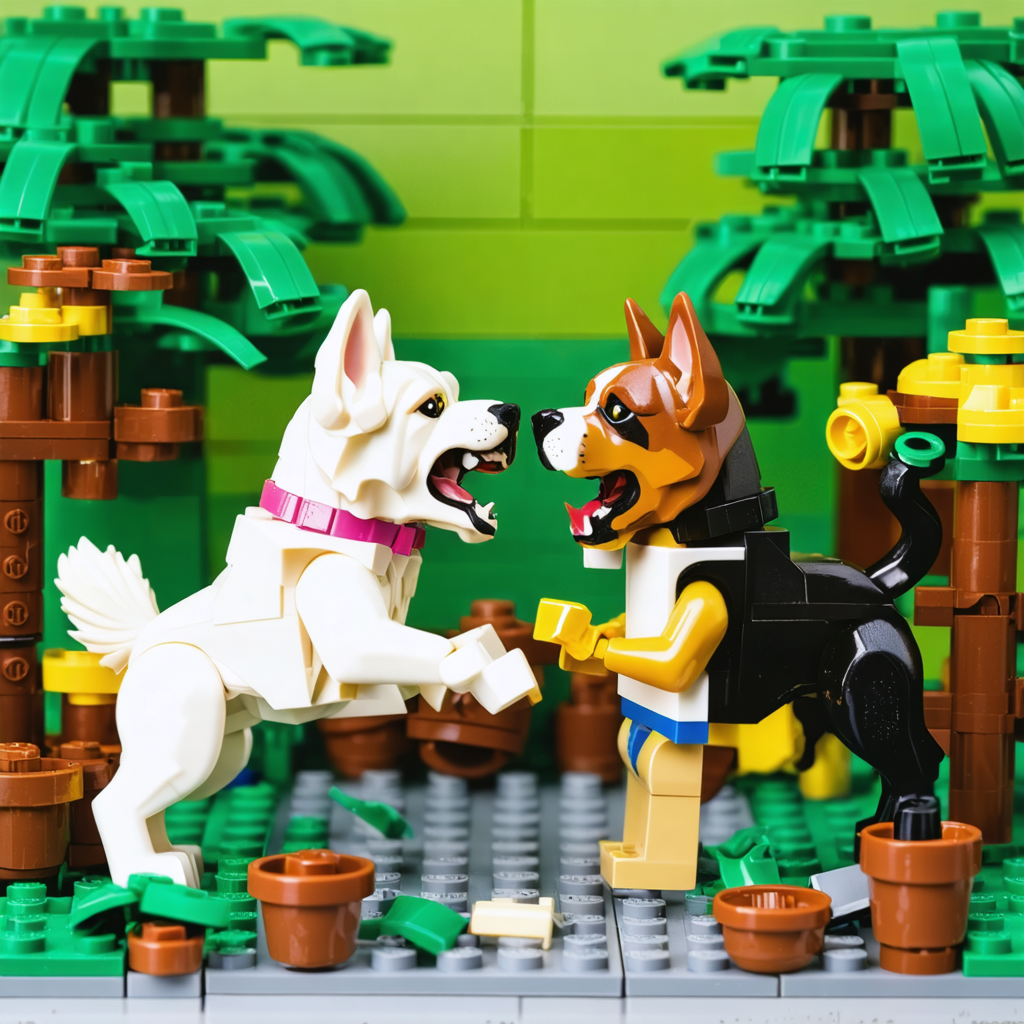 The image showcases a dynamic LEGO scene featuring two intricately designed dogs facing off in a playful confrontation, set against a vibrant, green forest backdrop. This captivating scene highlights the exceptional detail and creativity enabled by the Stable Diffusion Ultra image generator, demonstrating its ability to produce highly realistic and engaging visuals from textual prompts.