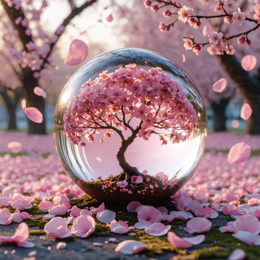 Cette image présente une scène vibrante d'un cerisier en fleur encapsulé dans une sphère de verre, entourée d'une mer de pétales tombés. La sphère est un produit du 'générateur d'images Stable Diffusion Ultra', connu pour sa capacité à créer des visuels époustouflants et surréalistes. Cet outil est idéal pour les artistes et les passionnés qui souhaitent enrichir leurs projets créatifs avec ses fonctionnalités uniques.