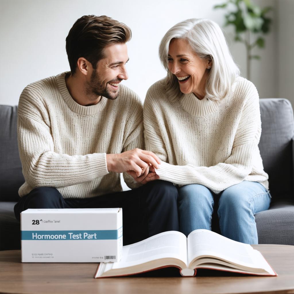 In the image, a man and a woman are seated on a couch, sharing a joyful moment. The man, sporting a beard and a warm smile, is turned towards the woman, who is laughing heartily. They are both dressed in cozy knit sweaters, adding to the comfortable and intimate atmosphere of the scene. In front of them, a box labeled 'Hormone Test Part' rests on the coffee table, alongside an open book, suggesting a discussion about health or wellness. The image is a result of the 'Stable Diffusion Ultra image generator', which showcases its ability to create realistic and emotionally engaging scenes, ideal for SEO optimization with keywords like 'image generation', 'AI media', 'web application', and 'hormone test'.
