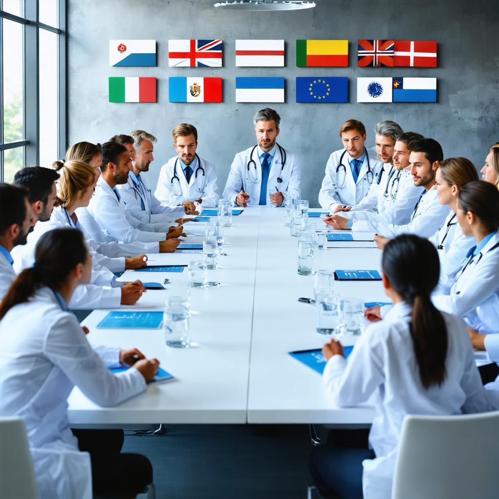 The image showcases a group of medical professionals in a conference setting, highlighting the advanced capabilities of the Stable Diffusion Ultra image generator. The AI tool's ability to create realistic and detailed scenes is evident in the lifelike depiction of doctors engaged in a meeting, with flags from various countries adding a touch of realism and context. This image demonstrates the tool's potential for generating high-quality, professional-grade visuals, making it an invaluable asset for creative professionals.