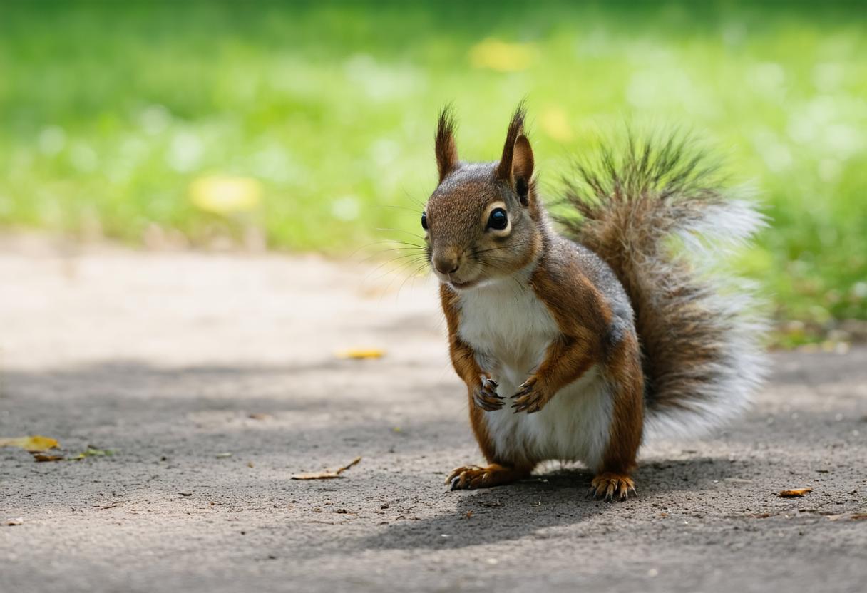 In the image, a red squirrel stands alert on a park path, its bushy tail contrasting with the soft green grass in the background. The image is a vivid example of the 'Stable Diffusion Ultra image generator' tool's ability to create realistic and detailed wildlife imagery, perfect for SEO and visual storytelling.