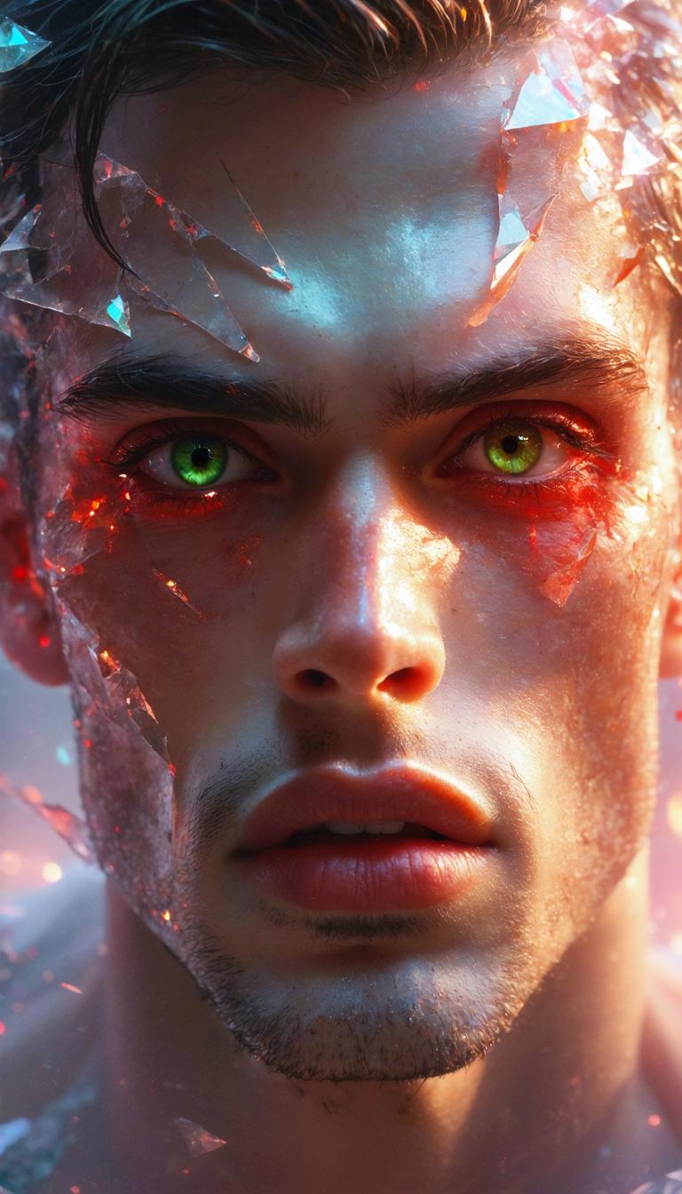 Questa immagine impressionante mette in evidenza un uomo con occhi verde intenso, il suo viso ornato da un motivo di frammenti cristallini lucenti che riflettono la luce, conferendogli un bagliore ultraterreno. L'immagine è una testimonianza delle capacità del 'generatore di immagini Stable Diffusion Ultra', in grado di creare ritratti iperrealistici con un tocco di surrealismo, rendendolo uno strumento perfetto per artisti e appassionati che desiderano spingere i limiti dell'arte digitale.