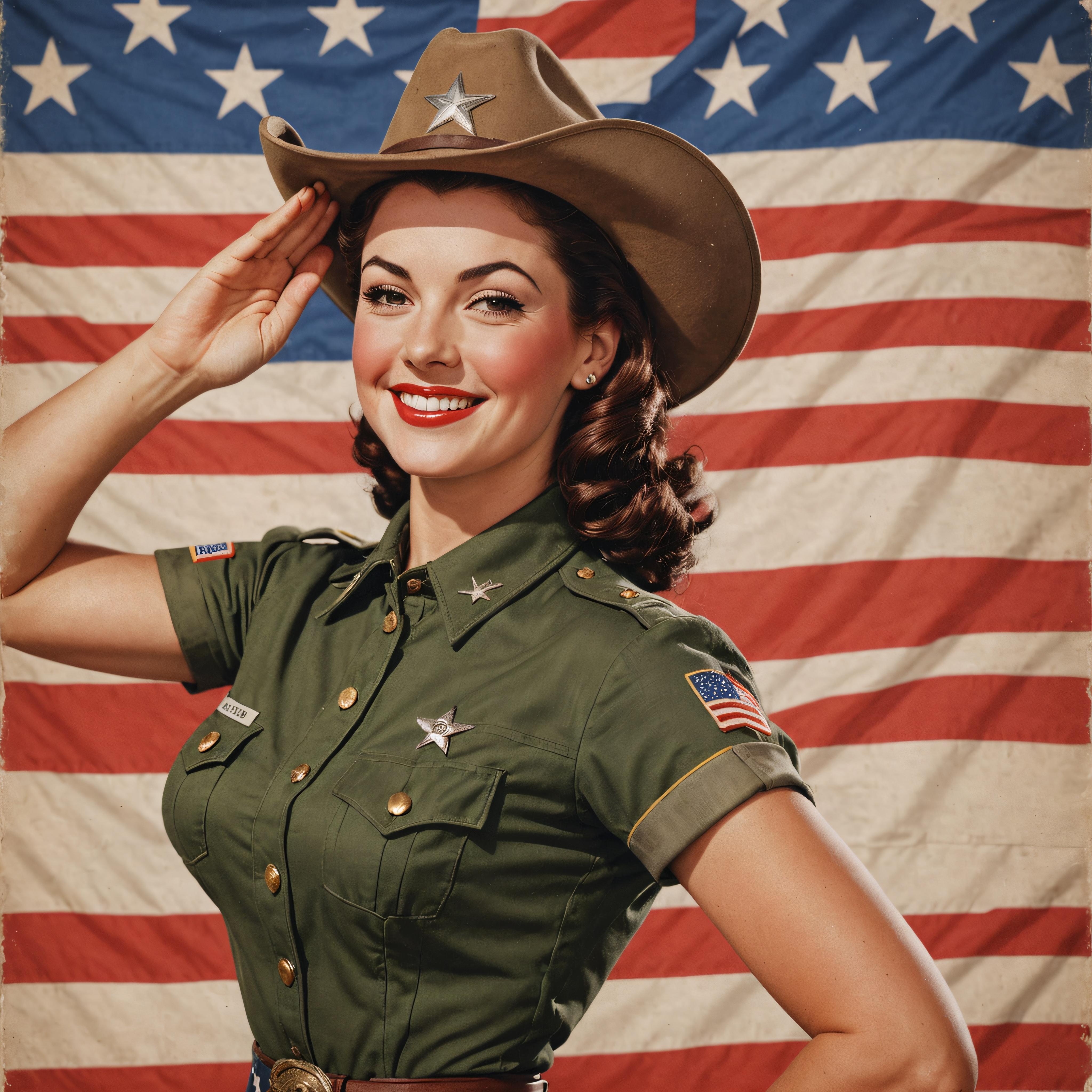 This captivating image showcases a vintage-style female soldier in a detailed military uniform, complete with a cowboy hat and a salute, set against an American flag backdrop. The image has been beautifully upscaled using Stable Assistant's 'Upscale' tool, which enhances the original image's clarity and detail while maintaining its authenticity, making it perfect for applications requiring high-quality, visually appealing content.