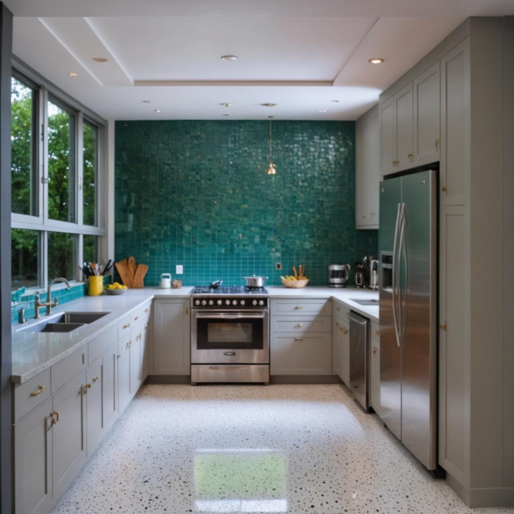 Cette image met en scène une cuisine moderne avec un carrelage de dosseret turquoise frappant, contrasté par les meubles de cuisine gris élégants et les appareils électroménagers en acier inoxydable. Le plan de travail est orné de quelques objets du quotidien, et l'espace baigne dans une lumière naturelle, mettant en valeur les couleurs vives et les textures de la conception de la cuisine.