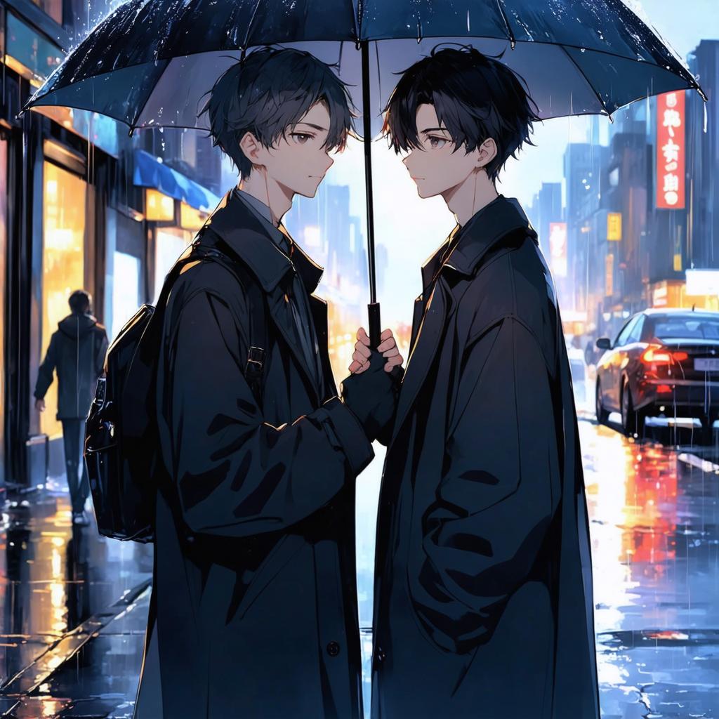 Experience the captivating artistry of Stable Diffusion Ultra image generator with this stunning illustration: two stylish characters sharing an umbrella in a rain-soaked cityscape, showcasing the tool's ability to create detailed, emotive scenes. Perfect for highlighting the software's advanced features in generating realistic and dynamic visuals.