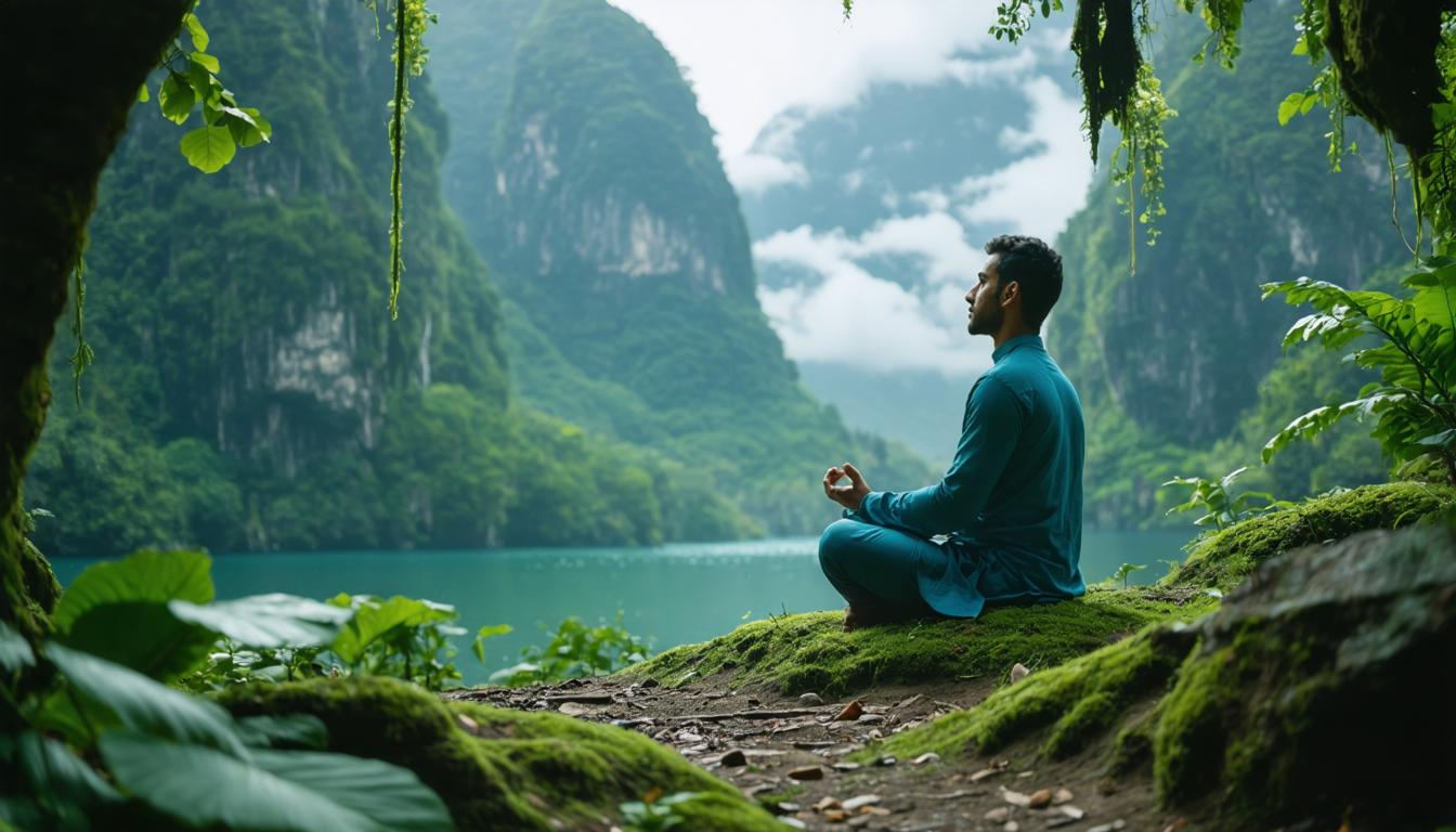 Experience the serene beauty of nature with this stunning image, crafted using the advanced capabilities of Stable Diffusion Ultra image generator. The tool's precision and creativity bring to life a tranquil scene of a meditative figure overlooking a lush, green landscape, showcasing its ability to generate highly detailed and immersive visuals. Perfect for showcasing the tool's prowess in generating realistic and captivating imagery.