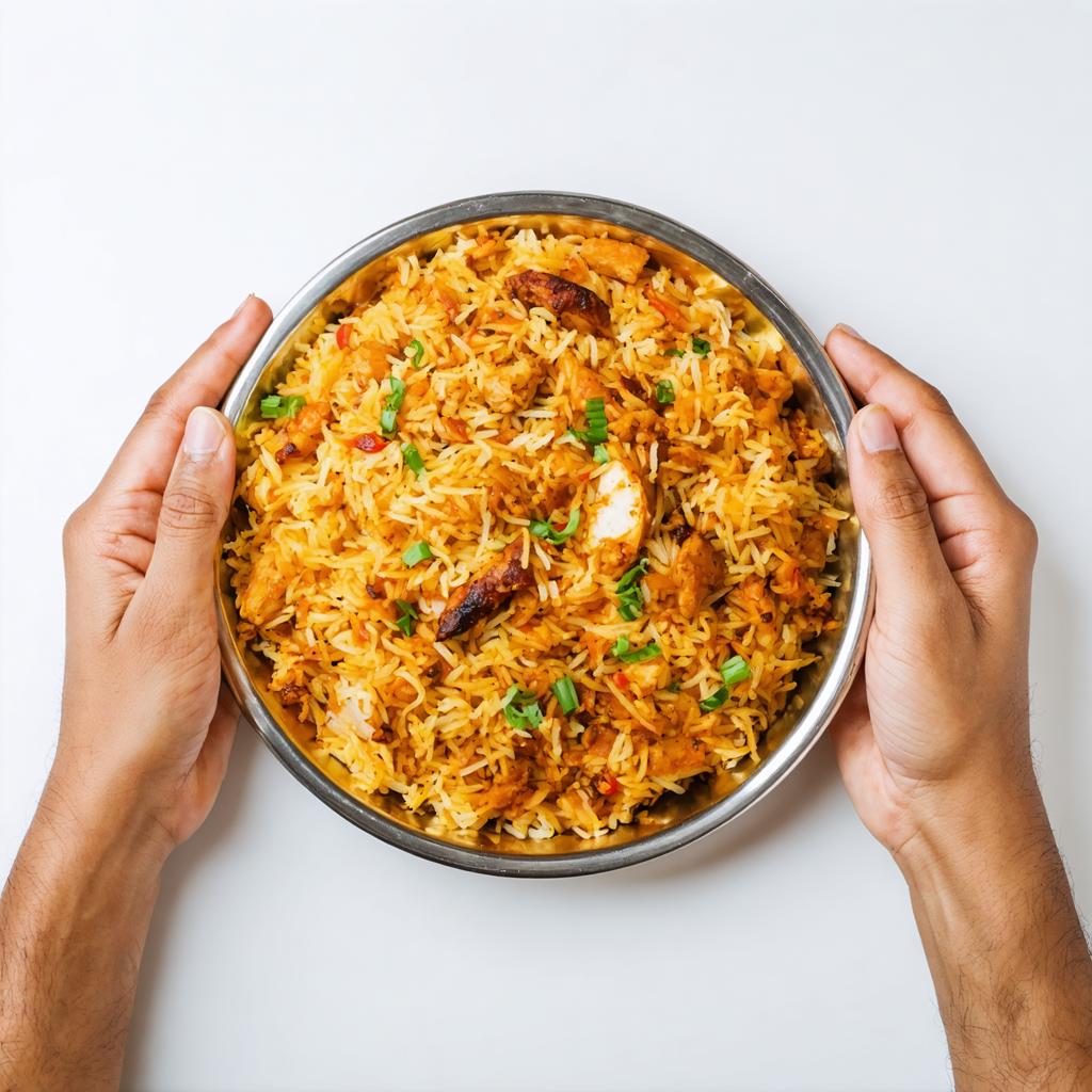 Dans l'image, un couple de mains tient un bol de biryani parfumé, un plat d'Asie du Sud, garni d'herbes, mettant en évidence la capacité du générateur d'images 'Stable Diffusion Ultra' à créer des images de nourriture réalistes et appétissantes. Les couleurs et textures vibrantes du plat, ainsi que les mains tenant le bol, sont rendues avec un haut niveau de détail, soulignant la capacité du générateur à produire du contenu visuellement attrayant.