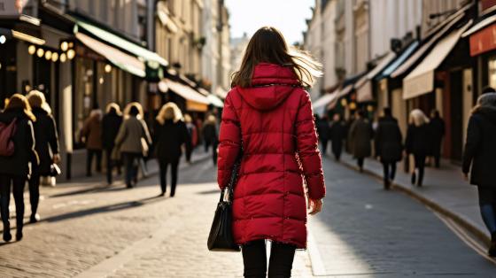 The image captures a bustling city street where a woman in a striking red coat stands out against the backdrop of pedestrians and storefronts. The vibrant hue of her coat, accentuated by the 'Search and Recolor' tool, draws the eye and evokes a sense of energy and movement, showcasing the tool's ability to enhance and recolor images for enhanced visual impact.