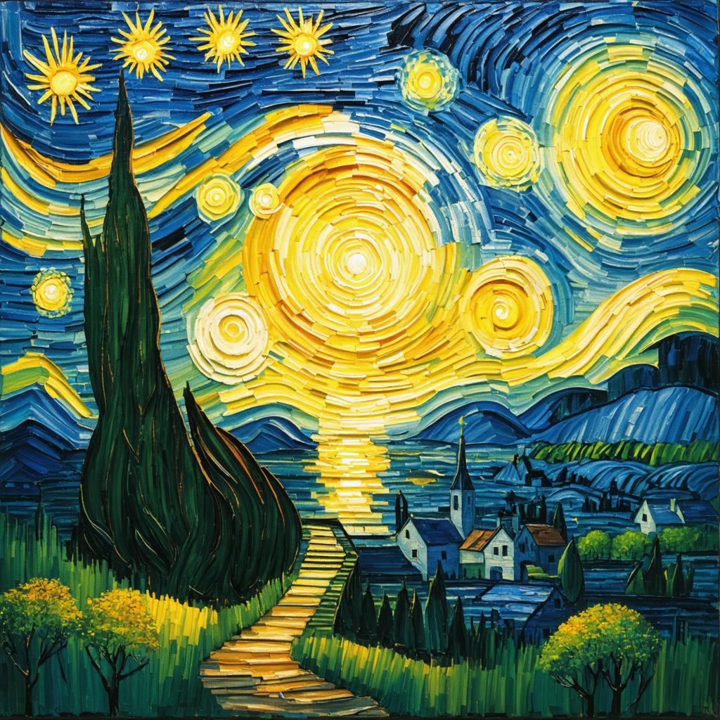 Découvrez la beauté captivante des capacités de génération d'images de Stable Diffusion Ultra avec cette scène nocturne époustouflante, mettant en scène un ciel texturé et vibrant, rempli d'étoiles tourbillonnantes et d'une lune croissante lumineuse. Le village paisible en contrebas, avec ses maisons pittoresques et sa végétation luxuriante, prend vie grâce aux techniques uniques de diffusion et de mélange des couleurs de l'outil, en faisant un exemple parfait de la profondeur et du détail qui peuvent être obtenus avec Stable Diffusion Ultra.