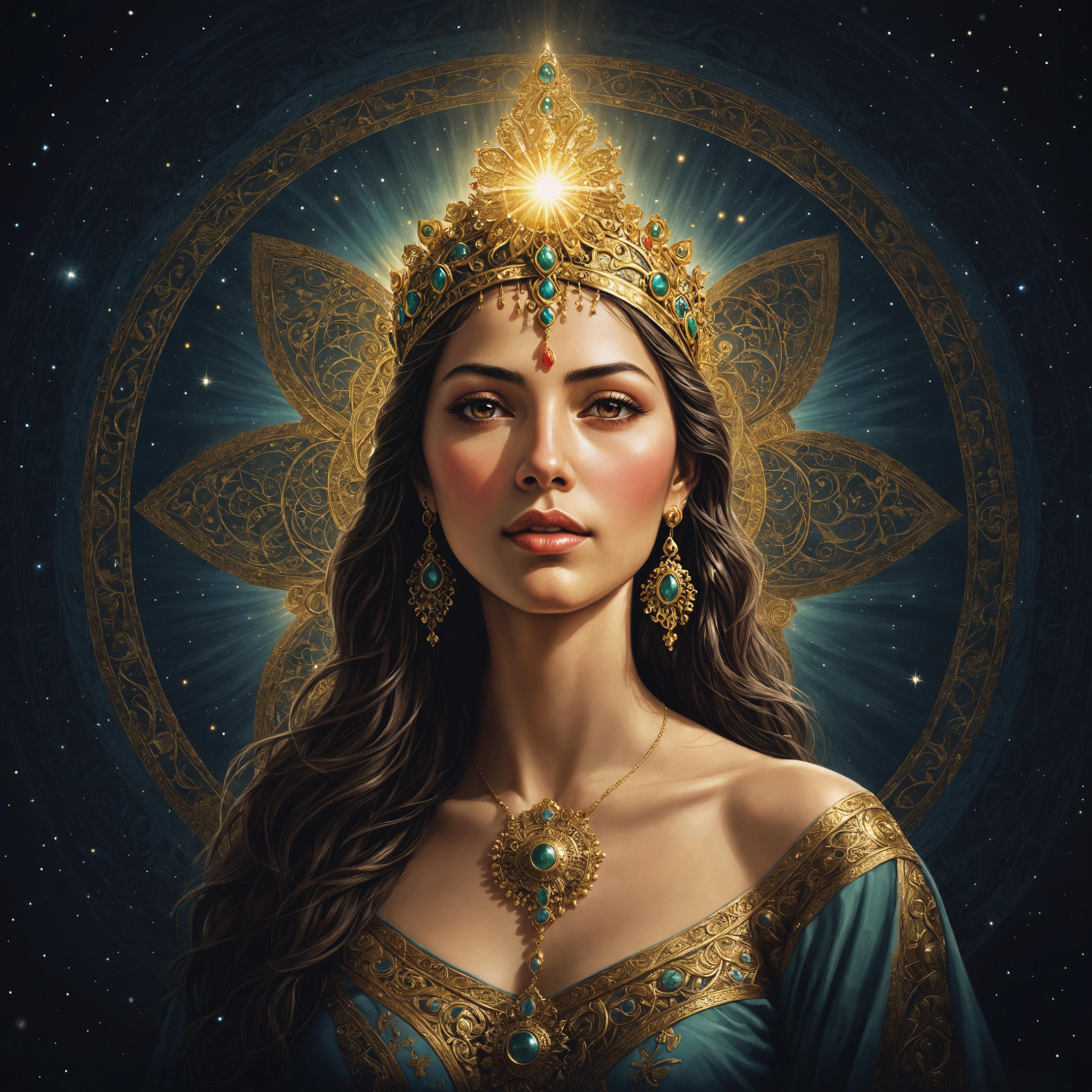 Questa immagine presenta un'opera d'arte digitale di una donna regale adornata con gioielli opulenti in oro e turchese, con uno sfondo cosmico che suggerisce un tema celeste. Il ritratto è stato arricchito con un tocco creativo, evidenziando le capacità di 'Enhance', uno strumento che ingrandisce le immagini aggiungendo un tocco artistico unico.
