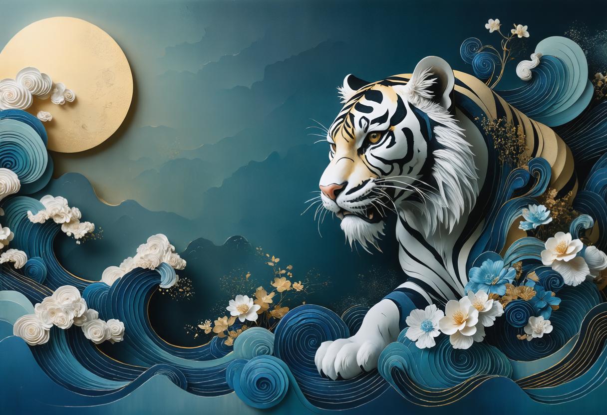This captivating image showcases a digitally generated artwork of a majestic tiger swimming through stylized waves, adorned with delicate flowers and a golden moon in the background. The image is a testament to the 'Stable Diffusion Ultra image generator', demonstrating its ability to create intricate and vivid scenes that combine natural elements with artistic flair, making it an ideal tool for digital artists and enthusiasts seeking to bring their creative visions to life.
