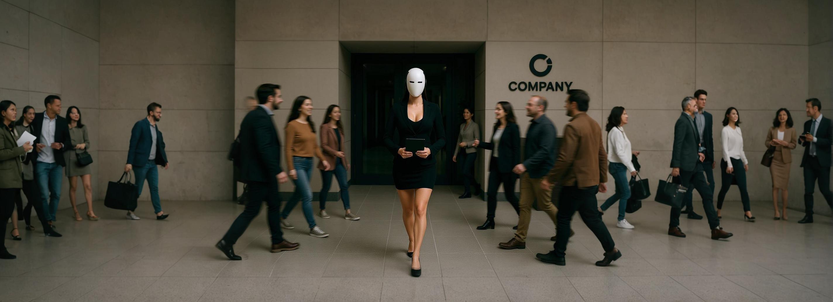 In this captivating image, a futuristic figure with a sleek, white mask strides confidently through a bustling office environment, surrounded by business professionals. The scene showcases the powerful capabilities of Stable Assistant's 'Zoom out' tool, which seamlessly extends the image to create a dynamic and immersive visual narrative. Perfect for highlighting the tool's ability to enhance and expand images, this example demonstrates how 'Zoom out' can transform ordinary scenes into compelling, high-impact visuals.