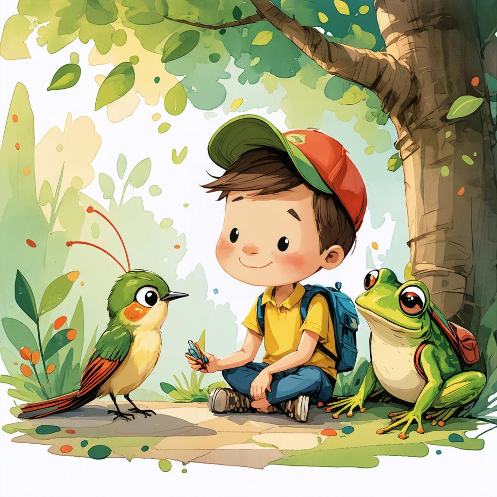 Questa incantevole illustrazione raffigura un giovane ragazzo che condivide un momento con un vivace uccello e una rana fantasiosa in un ambiente rigoglioso e verde, creata utilizzando il 'generatore di immagini Stable Diffusion Ultra'. Le capacità dello strumento sono messe in evidenza attraverso i colori vividi e le dinamiche interazioni tra i personaggi, rendendolo una scelta ideale per chi desidera creare visivi accattivanti e di alta qualità.