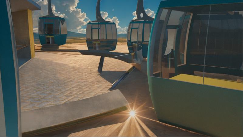 This image showcases a futuristic scene with modern cable cars, their sleek blue and green exteriors contrasting against a sandy, sunlit environment. The 'Replace Background' tool from Stable Assistant is highlighted, demonstrating its ability to seamlessly integrate new backdrops into existing images, creating a sense of seamless integration between the foreground and background elements.