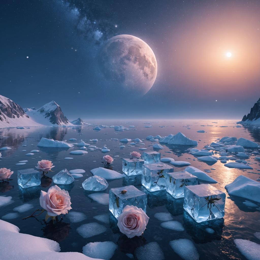 Cette image époustouflante met en scène une scène surréaliste d'une nuit éclairée par la lune, avec une pleine lune flottant au-dessus d'un paysage glaciaire paisible, orné d'une série de glaçons flottants, chacun enfermant une rose délicate. Le paysage de montagnes enneigées sous un ciel étoilé ajoute à la beauté éthérée. Découvrez les merveilles de 'Nouvelle Image avec la Même Structure', qui vous permet de créer des visuels uniques et captivants en suivant la structure d'images existantes, facilitant ainsi votre processus créatif.