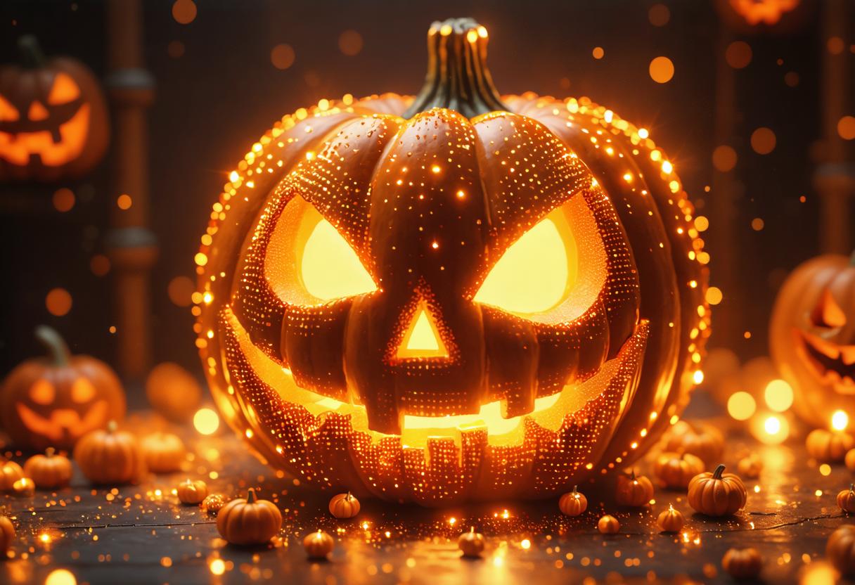 Questa immagine affascinante presenta una zucca luminosa al centro, circondata da piccole zucche e da un bokeh di luci calde e morbide, creando un'atmosfera incantata per Halloween. La vivace rappresentazione realistica è un testimonianza delle potenti capacità di generazione di immagini di Stable Diffusion Ultra, che può creare scene immersive con colori vividi e dettagli intricati, rendendolo uno strumento ideale per artisti digitali e creatori di contenuti che desiderano dare vita alle loro idee.