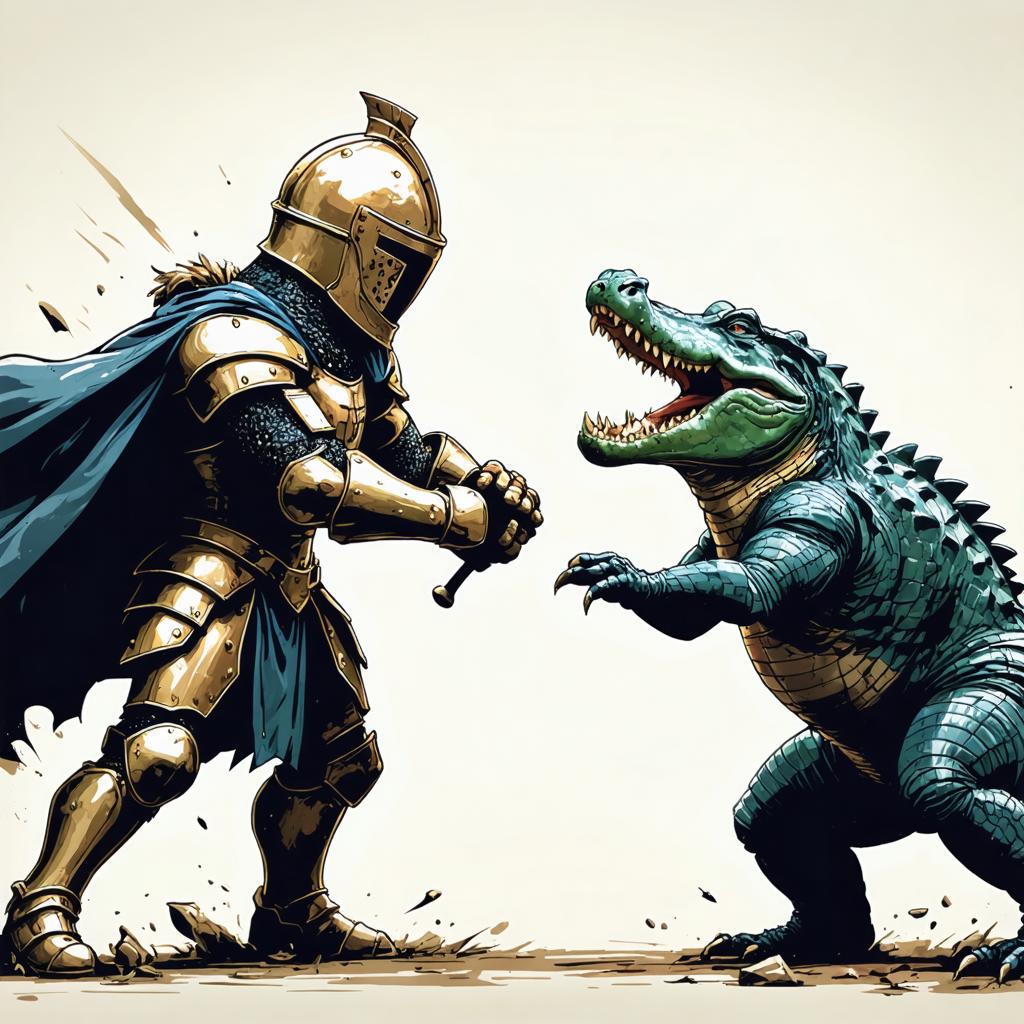 "Discover the power of Stable Diffusion Ultra image generator with this stunning illustration: a medieval knight in gleaming armor faces off against a fierce, animated crocodile. The intricate details and dynamic composition showcase the tool's ability to create vivid, high-quality images from your prompts, perfect for fantasy and adventure content."