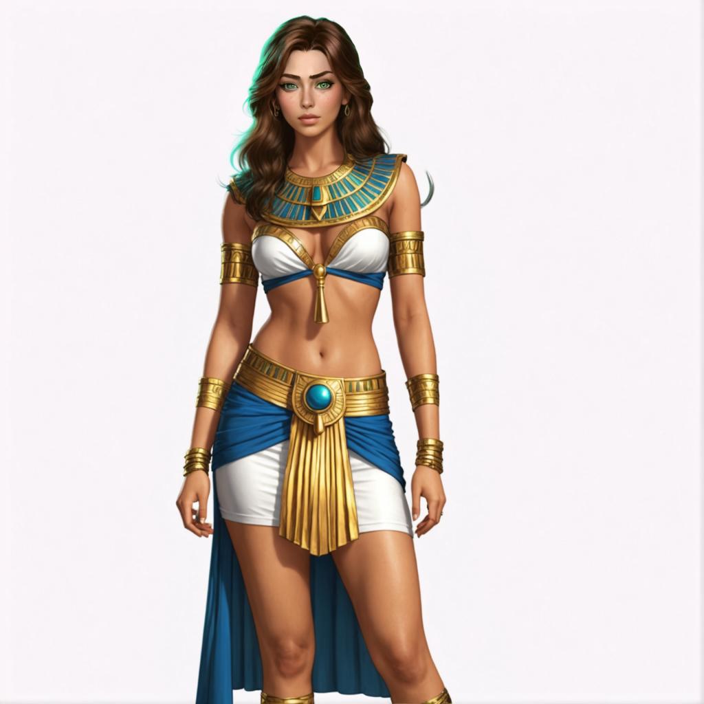 Dans cette image, une femme dégage une élégance égyptienne ancienne, vêtue d'une robe blanche et bleue avec des accents dorés, y compris un headdress saisissant et des bracelets. Le rendu réaliste et détaillé du sujet met en valeur les capacités de 'Inpaint', un outil puissant de génération et d'édition de médias IA qui permet aux utilisateurs de remplacer de manière fluide des parties sélectionnées d'une image par leur contenu souhaité, créant des expériences visuelles immersives et personnalisées.
