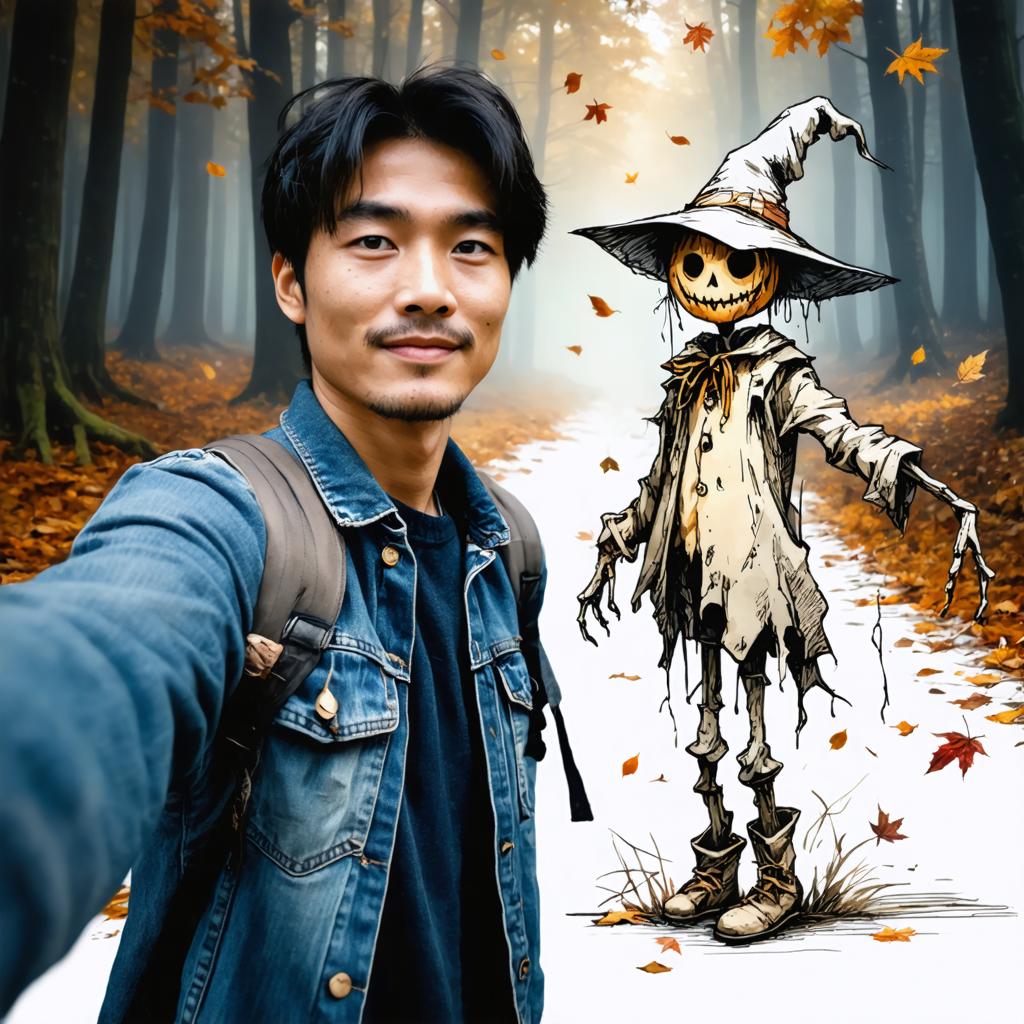 In questa immagine affascinante, un giovane si scatta una foto in una foresta autunnale nebbiosa, dove il terreno è ricoperto da foglie cadute. Accanto a lui, un buffo teschio cartoon indossa un cappello da strega, aggiungendo un tocco giocoso alla scena. Il 'generatore di immagini Stable Diffusion Ultra' ha abilmente fuso questi elementi, creando una composizione armoniosa che mette in evidenza la capacità dello strumento di combinare foto della vita reale con illustrazioni artistiche, migliorando l'esperienza del visionario con l'integrazione senza soluzione di continuità di texture, illuminazione e elementi tematici.