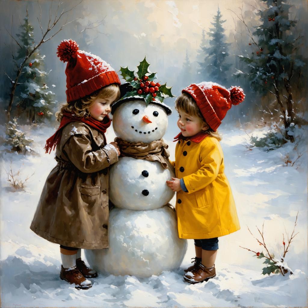 Dans cette charmante scène d'hiver, deux enfants vêtus de manteaux colorés et de bonnets rouges interagissent joyeusement avec un bonhomme de neige festif orné d'une couronne de houx, mettant en valeur le potentiel créatif de l'outil 'Inpaint' de Stable Assistant, qui permet aux utilisateurs de remplacer et d'améliorer les images avec leurs propres designs, renforçant l'attrait visuel et les possibilités de narration de l'art numérique.