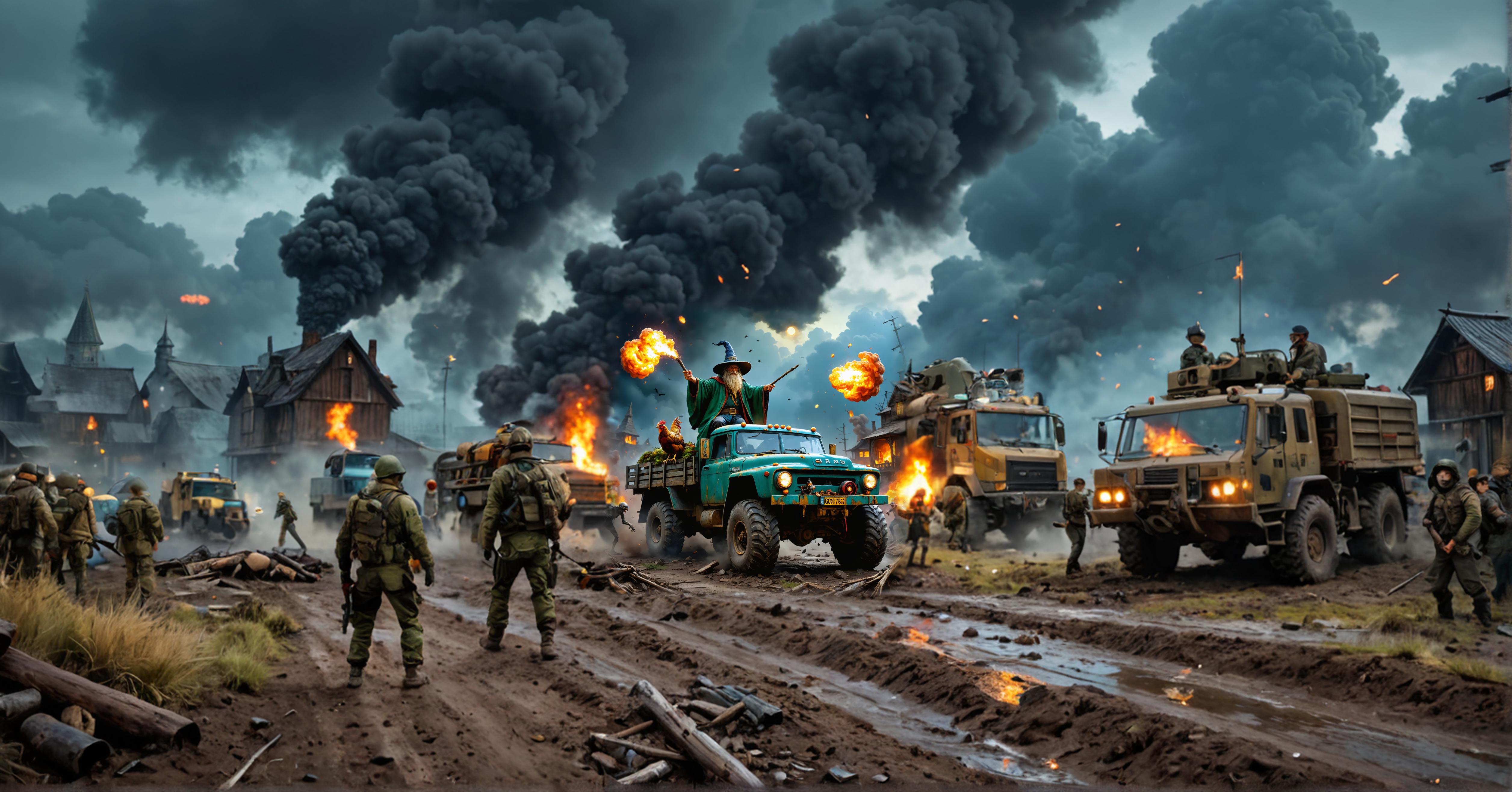 In mezzo a una scena caotica di battaglia, soldati in uniforme militare sono coinvolti in un teso stallo, con esplosioni infuocate che illuminano l'aria fumosa. L'immagine è una potente rappresentazione di un villaggio devastato dalla guerra, con il fumo che si leva dagli edifici in fiamme sullo sfondo. Lo strumento 'Zoom out' di Stable Assistant consente agli utenti di estendere l'immagine in modo fluido, catturando l'ampiezza e la scala drammatica del conflitto, fornendo una sensazione di immersione che potenzia il potenziale narrativo della scena.