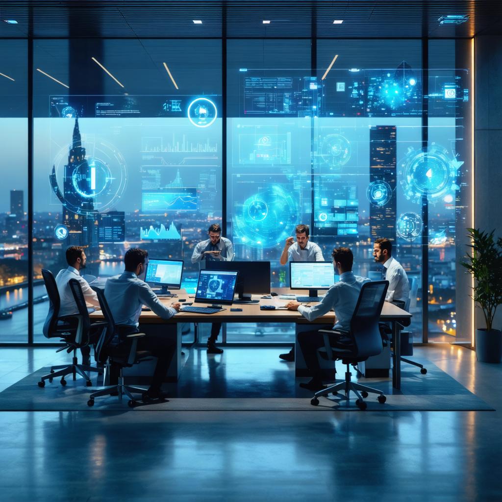 Experience the cutting-edge capabilities of Stable Diffusion Ultra image generator with this stunning AI-generated image. The image showcases a sleek, modern office setting where professionals are deeply engaged in a high-tech meeting, surrounded by futuristic holographic displays and a breathtaking cityscape. Perfect for highlighting the advanced features and creative potential of Stable Diffusion Ultra, this image effortlessly captures the essence of cutting-edge technology and professional collaboration.