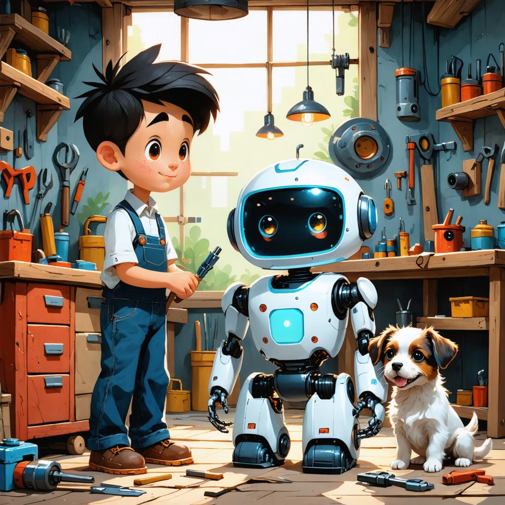 Découvrez le monde captivant de l'art généré par IA avec le générateur d'images Stable Diffusion Ultra ! Cette image présente une scène charmante d'un jeune garçon, d'un robot et d'un chiot dans un atelier, mettant en évidence la capacité de l'outil à créer des visuels détaillés et engageants. Parfait pour mettre en valeur les capacités de l'IA dans la génération de contenu de haute qualité et imaginatif.