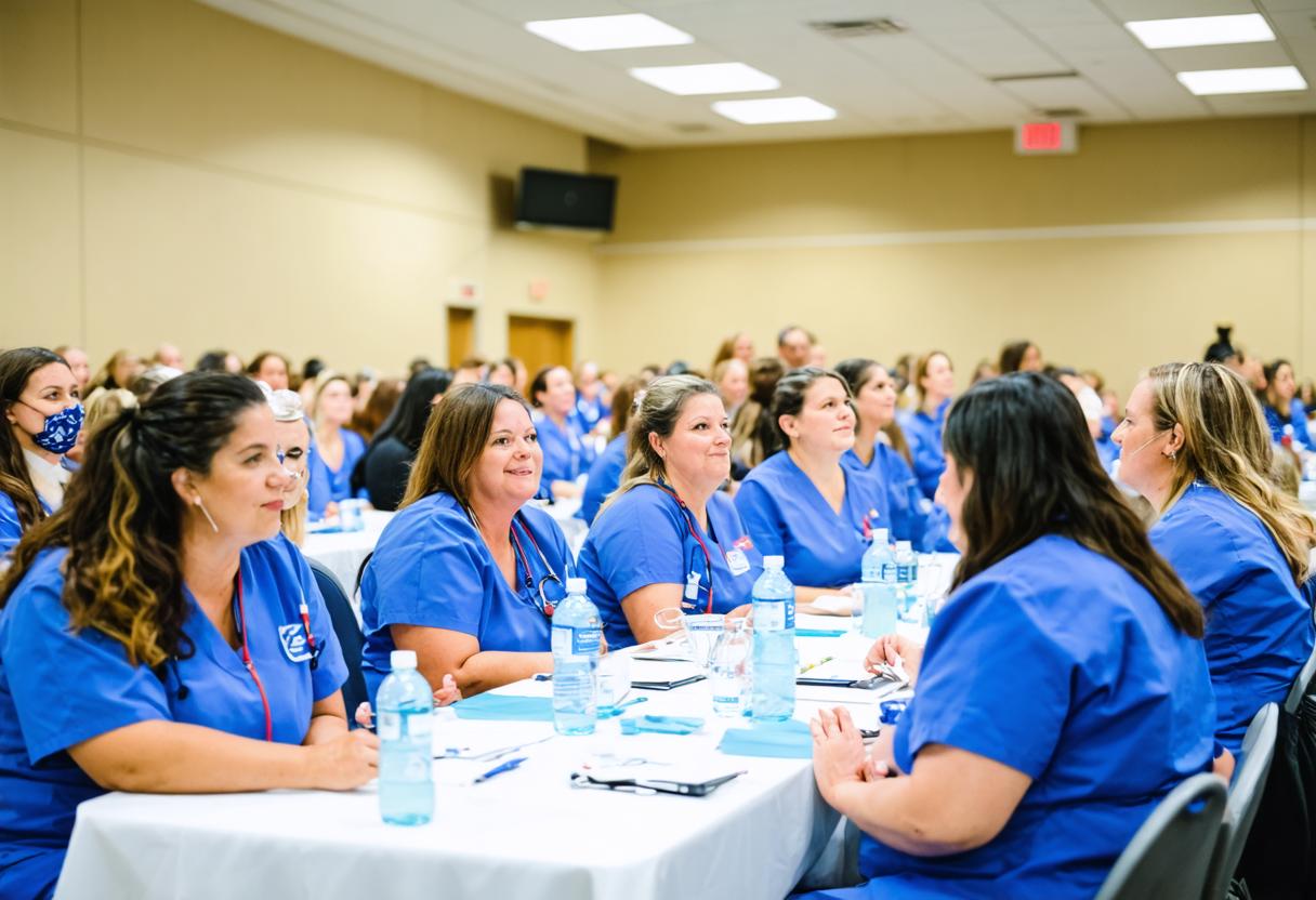 A group of healthcare professionals in blue scrubs is attentively participating in a conference or training session, seated at tables with water bottles and notebooks. The image showcases the collaborative and educational environment facilitated by advanced AI tools like Stable Diffusion Ultra, which can generate high-quality images from detailed prompts, enhancing visual communication in professional settings.