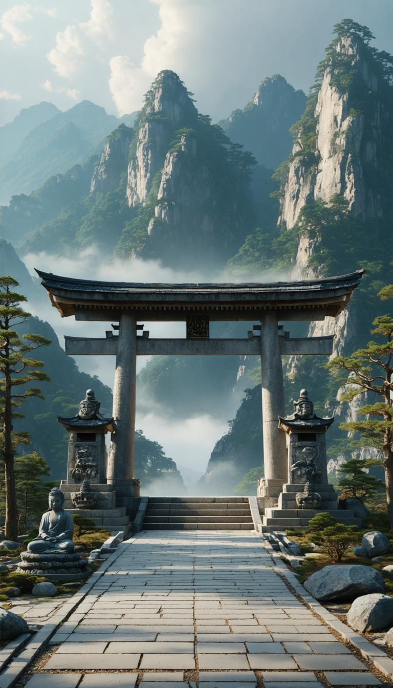Cette image met en scène une scène paisible mettant en vedette une porte torii traditionnelle japonaise, encadrée par des lanternes en pierre et une statue de Bouddha en pierre, le tout devant un arrière-plan de montagnes majestueuses enveloppées de brume. La beauté éthérée de la scène est rehaussée par l'éclairage doux et diffus, caractéristique du générateur d'images 'Stable Diffusion Ultra'. Cet outil est réputé pour sa capacité à créer des images hyper-réalistes avec une qualité onirique, idéal pour ceux qui cherchent à capturer l'essence des paysages apaisants.