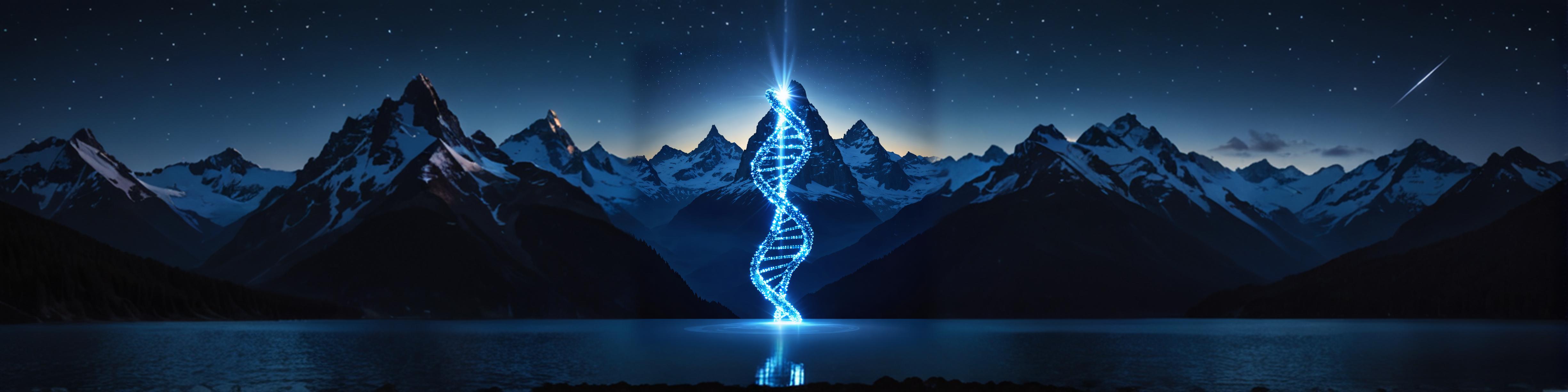 L'image présente une scène nocturne captivante où une double hélice d'ADN lumineuse se dresse majestueusement au centre, éclairant un lac paisible et des montagnes enneigées imposantes à l'arrière-plan. Cette composition époustouflante a été créée en utilisant l'outil 'Zoom arrière' de Stable Assistant, qui intègre de manière fluide des éléments artificiels dans des paysages naturels, améliorant l'impact visuel et la profondeur de la scène.
