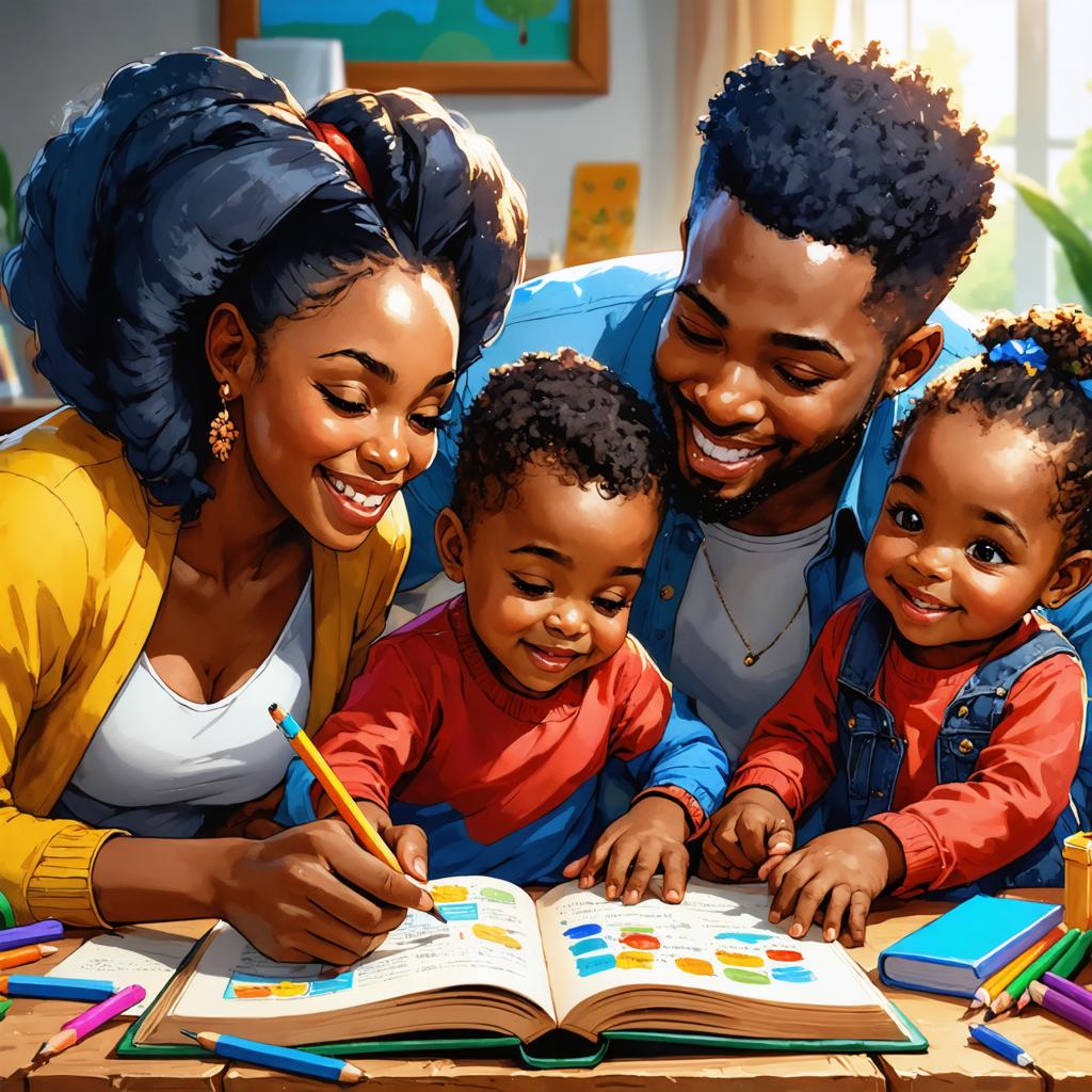 Questa vivace illustrazione digitale ritrae una famiglia di quattro persone impegnate in una sessione di apprendimento gioiosa, con il 'generatore di immagini Stable Diffusion Ultra' che dimostra la sua capacità di creare immagini realistische e vivide. Le potenzialità dello strumento sono evidenziate attraverso l'uso di colori ricchi, texture realistiche e espressioni dinamiche, che catturano l'essenza di una famiglia che si unisce intorno a un libro da colorare.