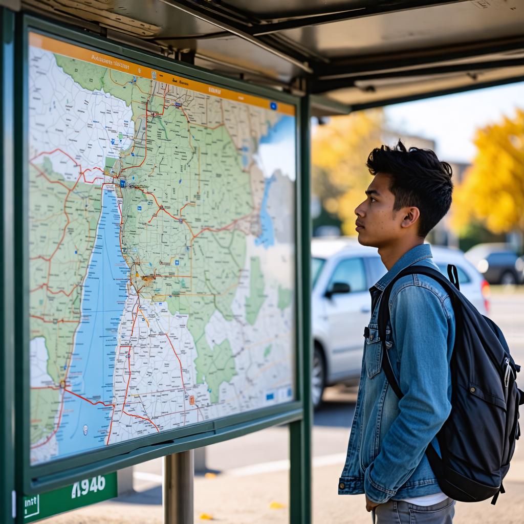 Dans l'image, un jeune homme avec un sac à dos se tient attentivement à un arrêt de bus, examinant une carte détaillée affichée sur un panneau numérique. La carte présente des couleurs vives et des détails complexes, mettant en évidence les capacités du générateur d'images 'Stable Diffusion Ultra' pour créer des visuels réalistes et engageants. cet outil avancé est connu pour sa capacité à générer des images de haute qualité avec un accent sur la précision des couleurs et des détails, ce qui en fait le choix privilégié de ceux qui recherchent des contenus médiatiques de qualité professionnelle.