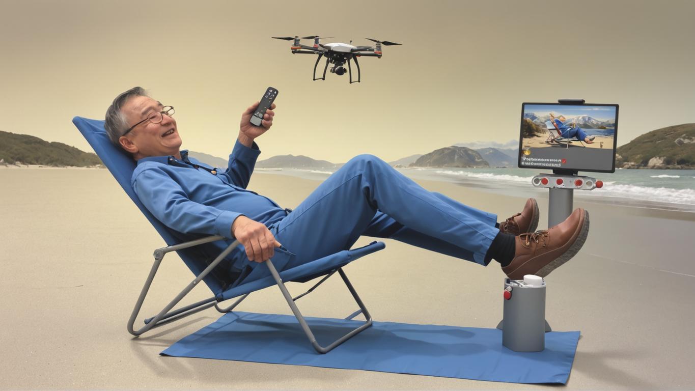 In the image, a man is joyfully controlling a drone with a remote, comfortably seated on a deck chair on a beach, with a picturesque seascape and mountains in the background. The image showcases the capabilities of 'Stable Diffusion Ultra image generator' to create realistic and engaging scenes, capturing the essence of relaxation and leisure activities. The AI media generation tool offers the potential to generate high-quality images for various applications, making it a versatile tool for content creators and digital marketers.