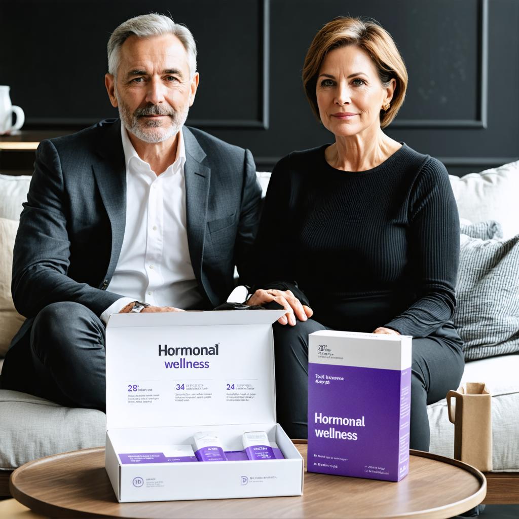 In this image, a sophisticated couple is seated on a couch, presenting a box of "Hormonal wellness" supplements in front of them. The setting is a modern living room with a black accent wall. The couple exudes confidence and health, which is the central theme of the product they are showcasing. The image is generated using the 'Stable Diffusion Ultra image generator', a tool known for its ability to create realistic and high-quality images.