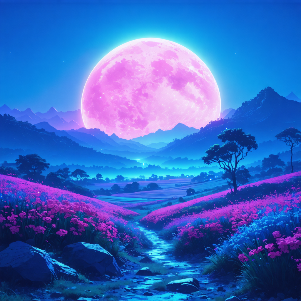 Experience the ethereal beauty of a fantastical landscape, bathed in the soft glow of a vibrant pink moon, as it casts an enchanting light over rolling hills and a tranquil valley dotted with blooming flowers. This captivating scene was meticulously crafted using the advanced capabilities of the 'Stable Diffusion Ultra image generator,' showcasing its ability to create stunning visuals that transport you to a realm of imagination.